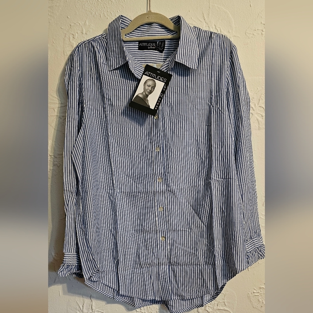 Women’s Size 12 Attitudes by Renee Blue Striped Button Down Peekaboo Arms NWT